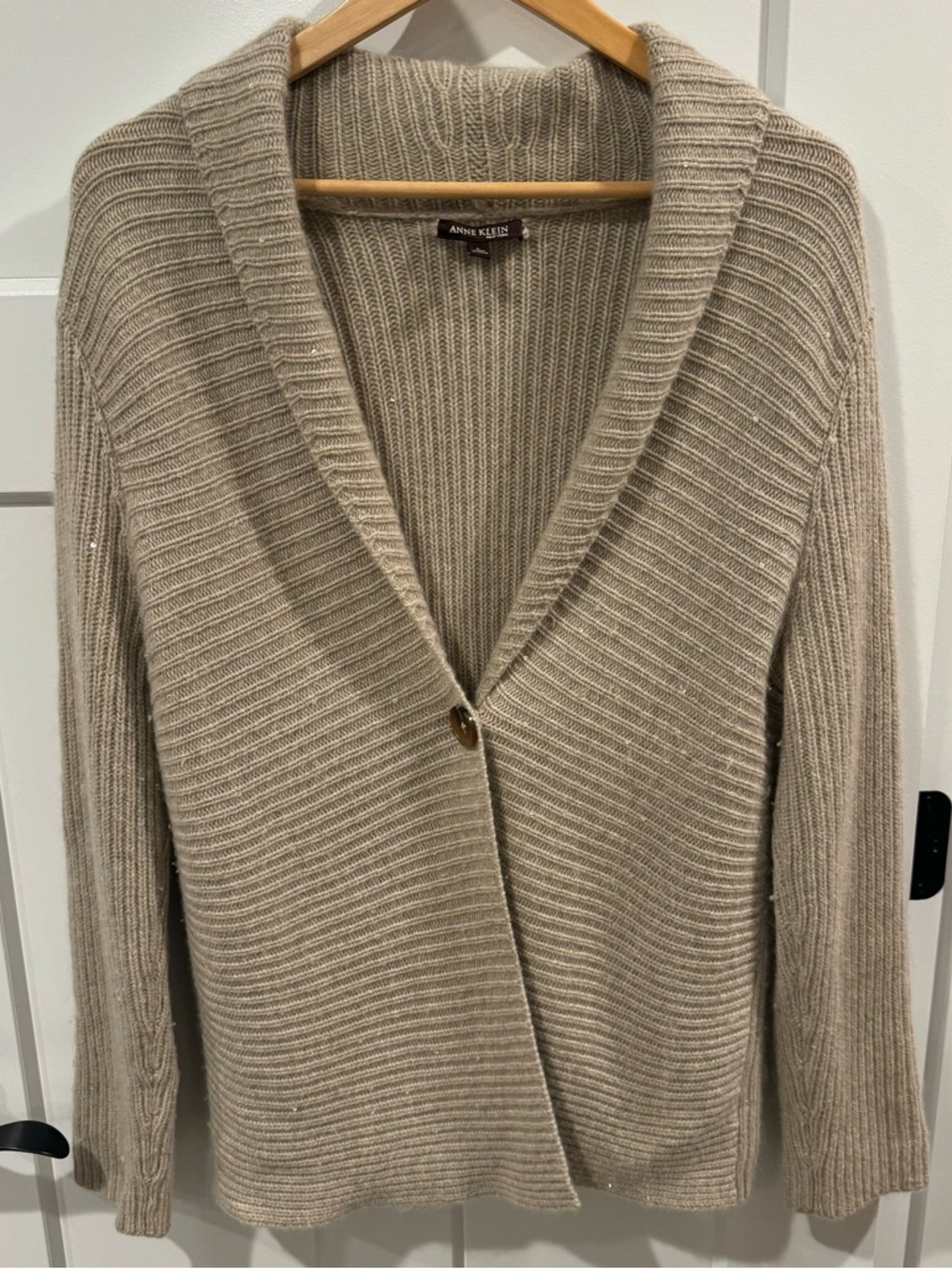 Anne Klein Cashmere Tan Ribbed Shawl-Collar Sweater Cardigan